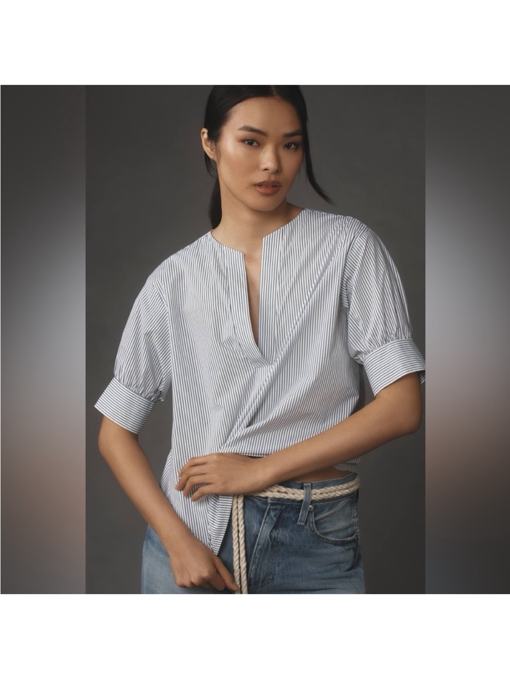 Frame Striped Short-Sleeve V-Neck Womens Top - White/Blue Size Medium